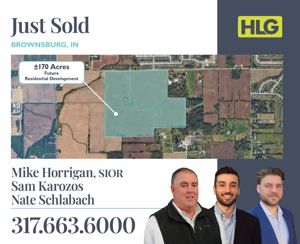Just Sold - Brownsburg Indiana 170 Acres future residential development. Seller represented by Horrigan Land Group at Bradley Company